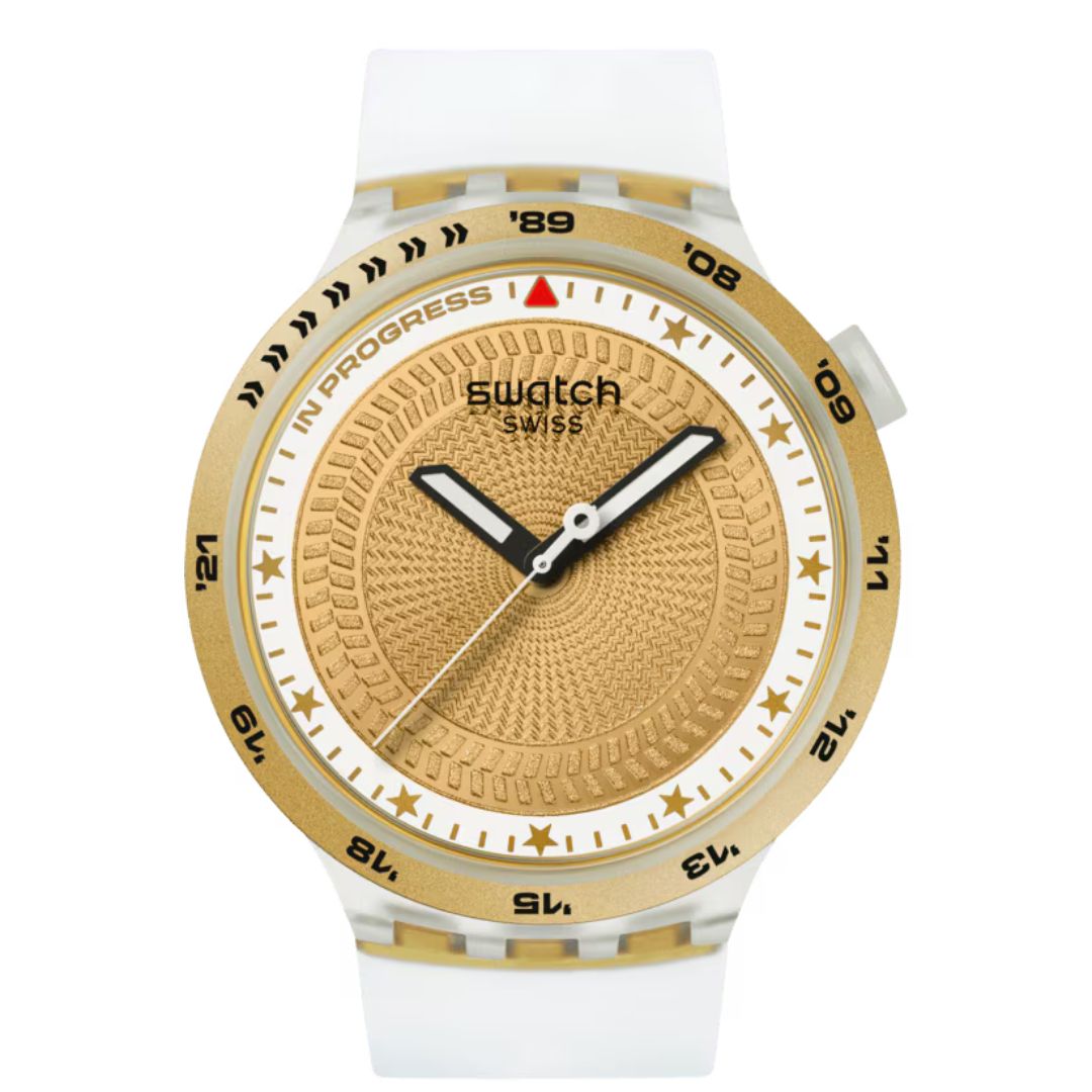 Swatch G-Turn (47mm) Gold Dial Silicone Strap Watch SB05K105