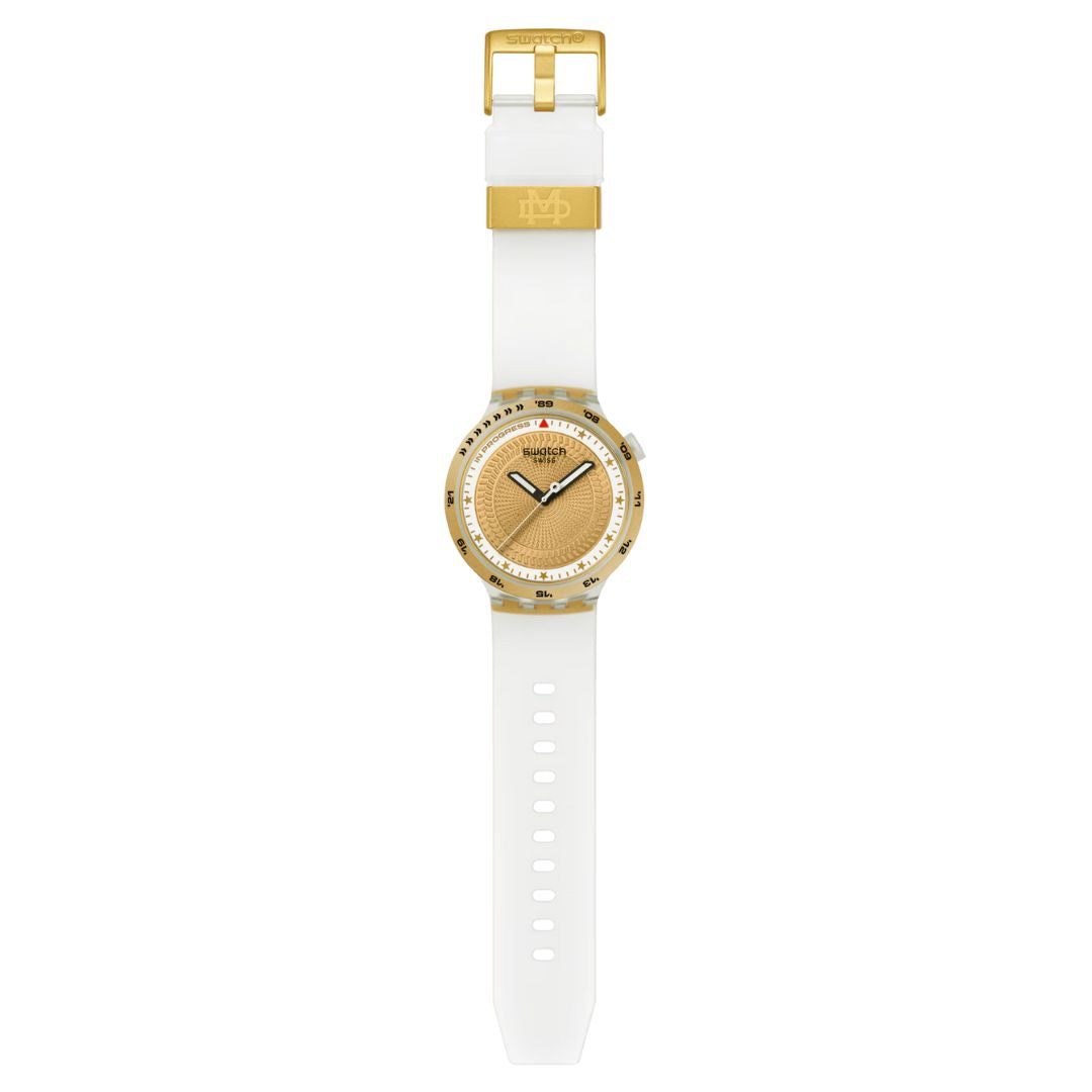 Swatch G-Turn (47mm) Gold Dial Silicone Strap Watch SB05K105