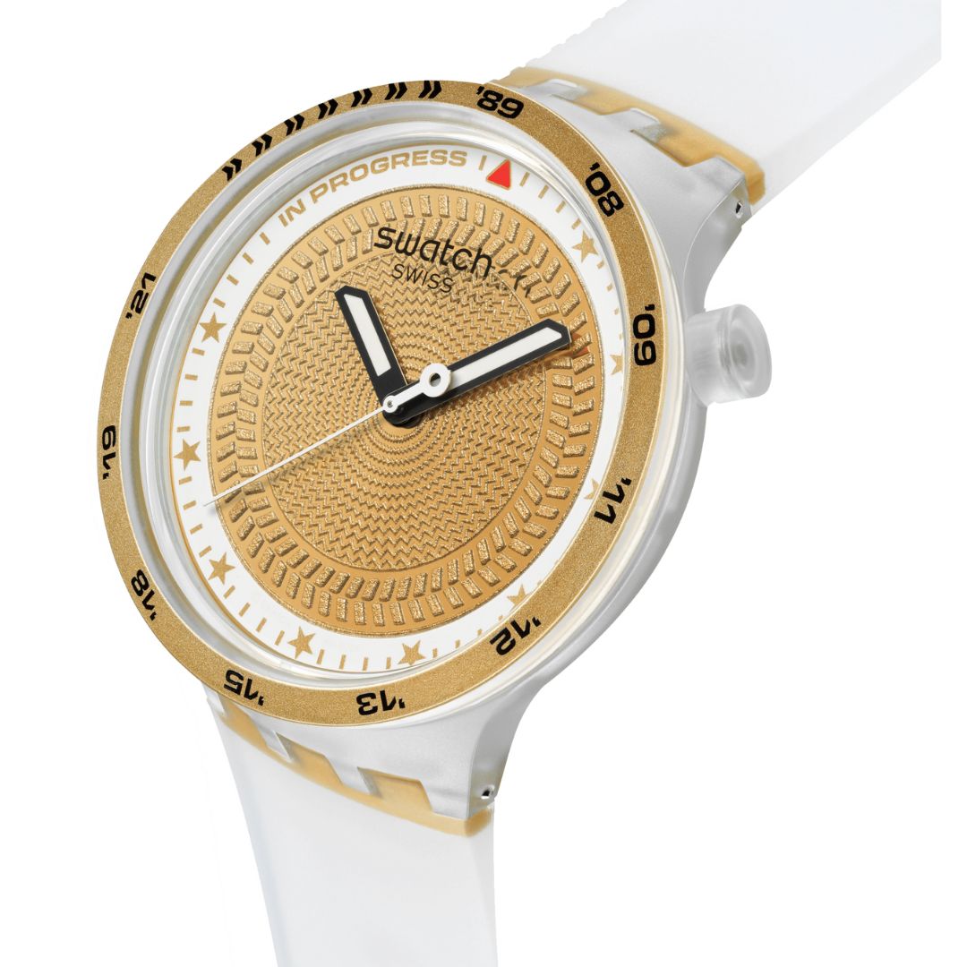 Swatch G-Turn (47mm) Gold Dial Silicone Strap Watch SB05K105