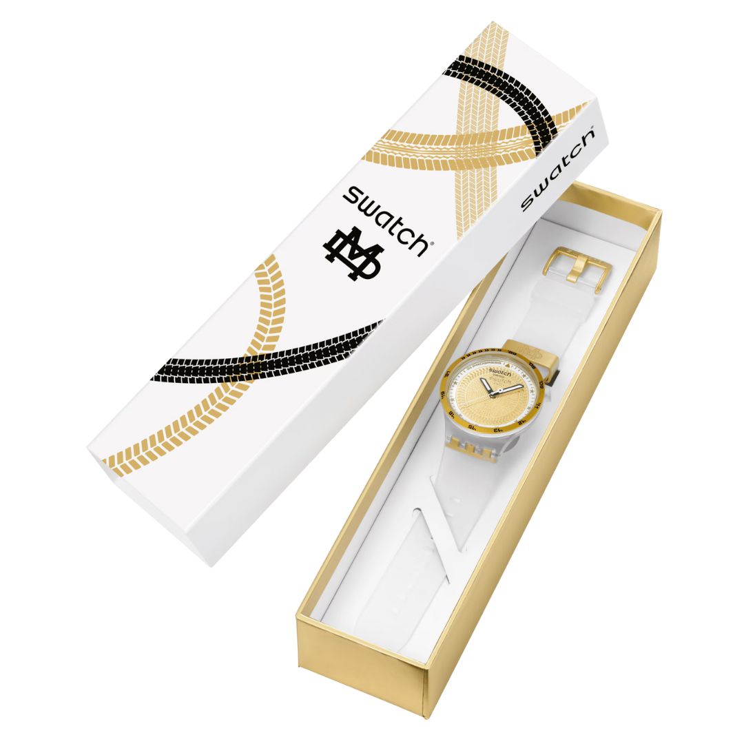 Swatch G-Turn (47mm) Gold Dial Silicone Strap Watch SB05K105